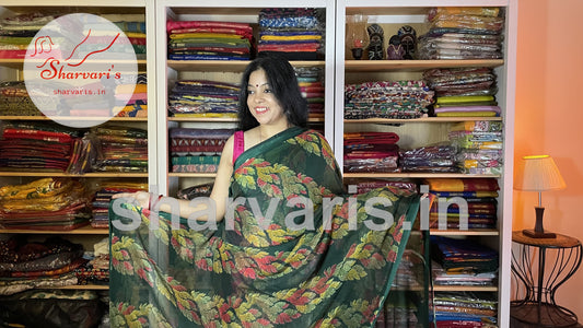 Bottle Green Crushed Chiffon Saree with Trendy Prints