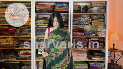 Bottle Green Crushed Chiffon Saree with Trendy Prints