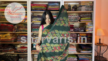 Bottle Green Crushed Chiffon Saree with Trendy Prints