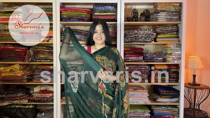 Bottle Green Crushed Chiffon Saree with Trendy Prints