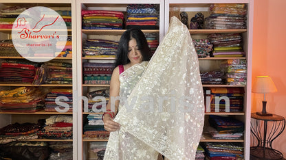 Beige Organza Silk Saree with Parsi Work