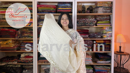 Beige Organza Silk Saree with Parsi Work