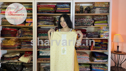 Pastel Yellow Block Printed Cotton Dress Material with Kurtapatti and Crushed Dupatta