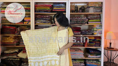 Pastel Yellow Block Printed Cotton Dress Material with Kurtapatti and Crushed Dupatta