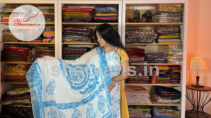 Azure Blue and White Mulmul Cotton Dress Material with Paisley and Shibori Prints