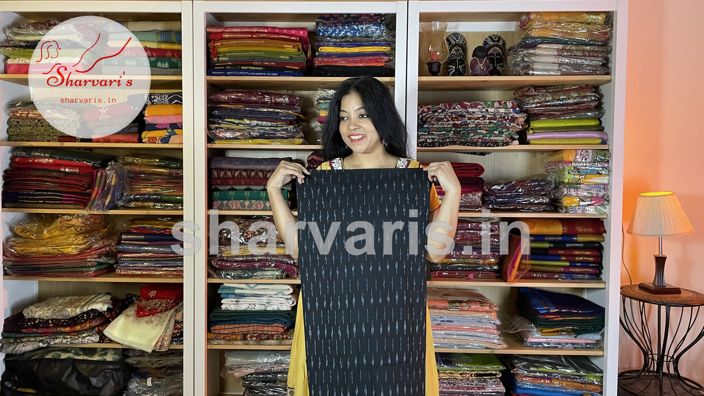 Sky Blue and Black Pochampally Mercerised Cotton Dress Material