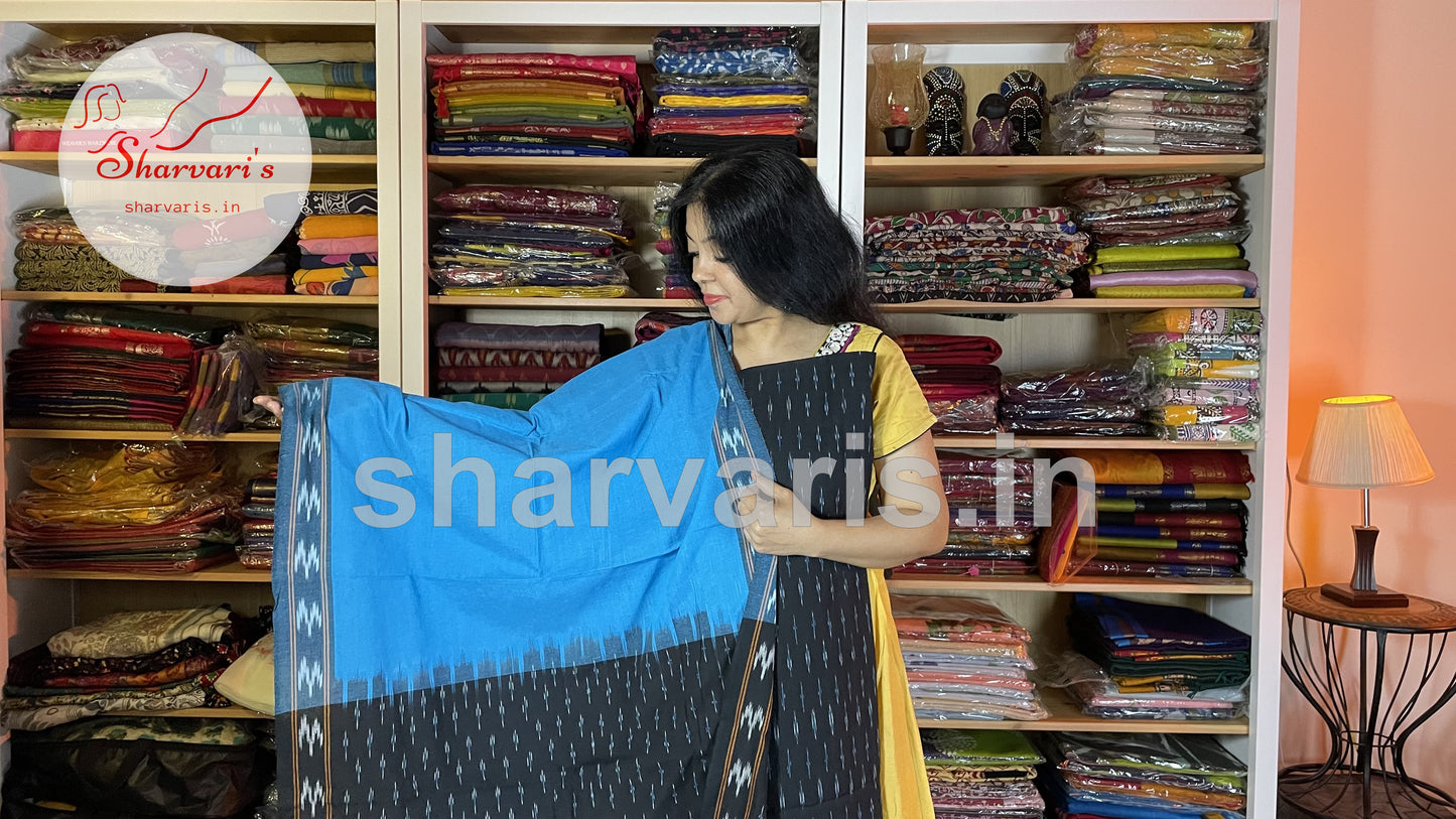 Sky Blue and Black Pochampally Mercerised Cotton Dress Material