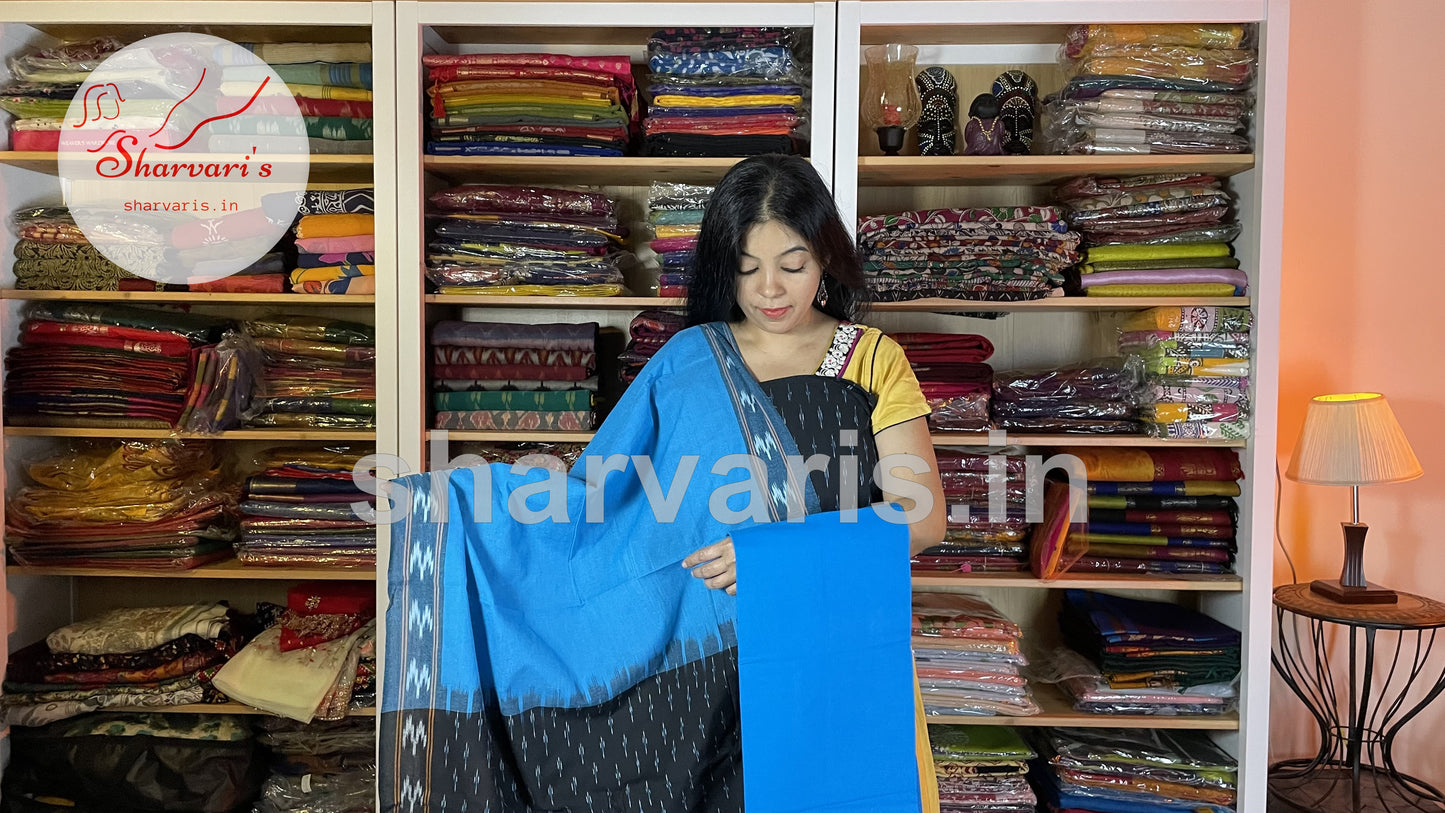 Sky Blue and Black Pochampally Mercerised Cotton Dress Material