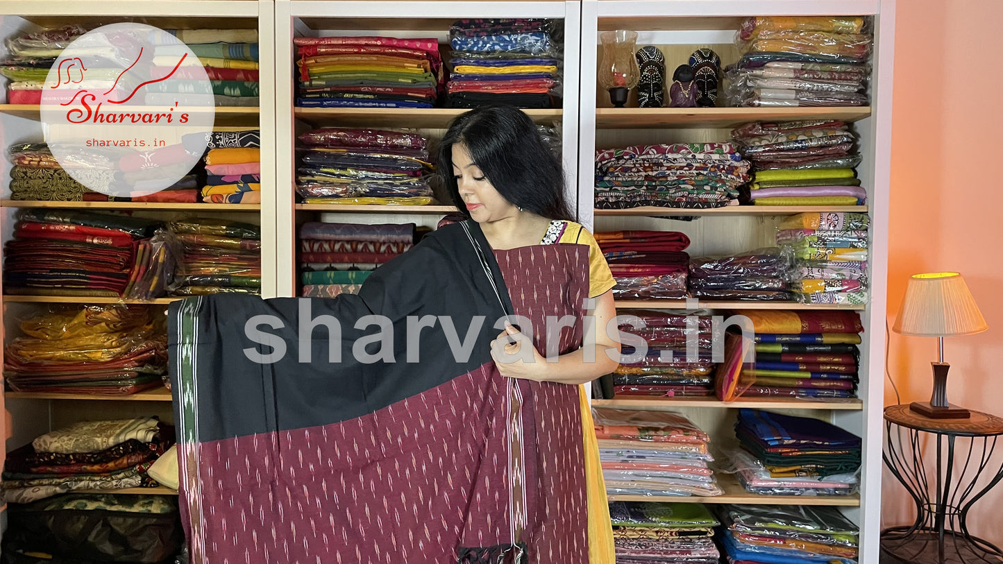 Maroon and Black Pochampally Double Ikkat Mercerised Cotton Dress Material