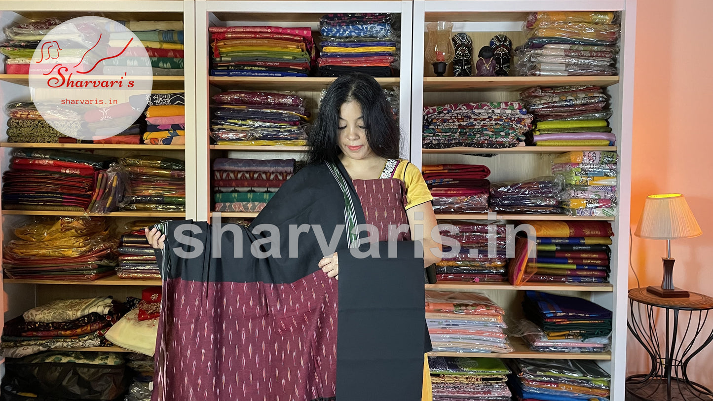 Maroon and Black Pochampally Double Ikkat Mercerised Cotton Dress Material