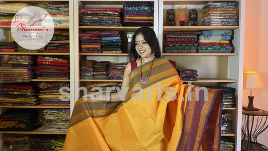 turmeric yellow chettinad cotton saree with ganga jamuna borders