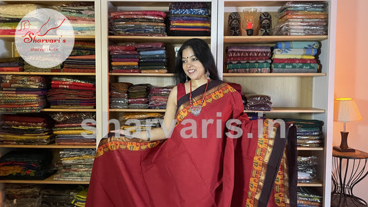 Red chettinad cotton saree with thread and zari work borders
