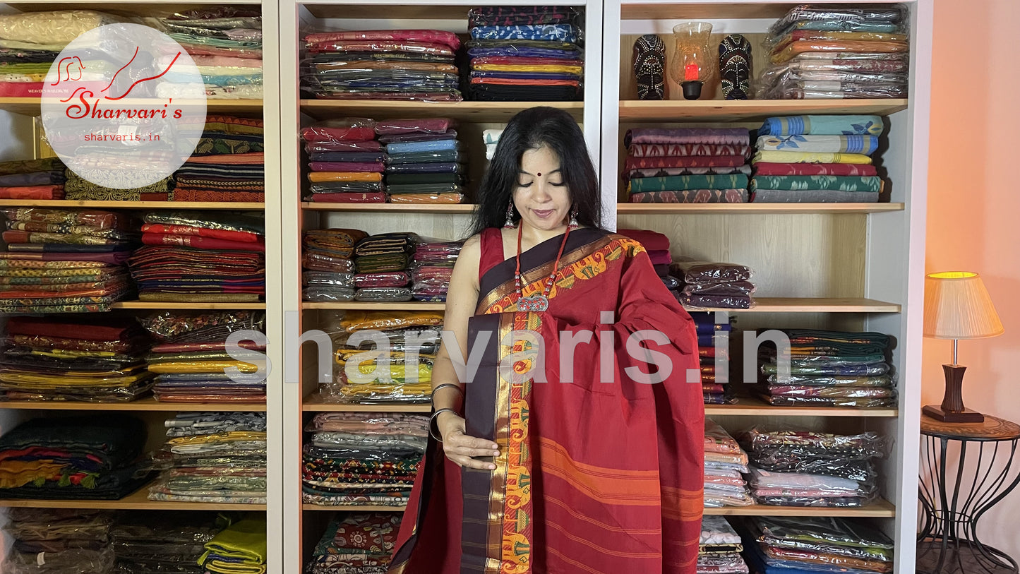 red chettinad cotton saree with thread work and zari borders