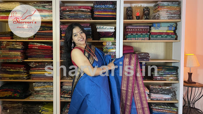 royal blue chettinad cotton saree with thread work ganga jamuna borders 