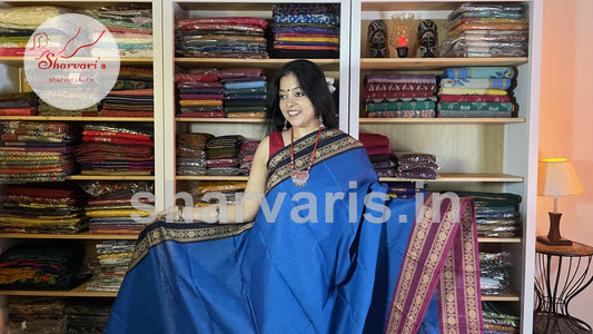 royal blue chettinad cotton saree with thread work ganga jamuna borders 