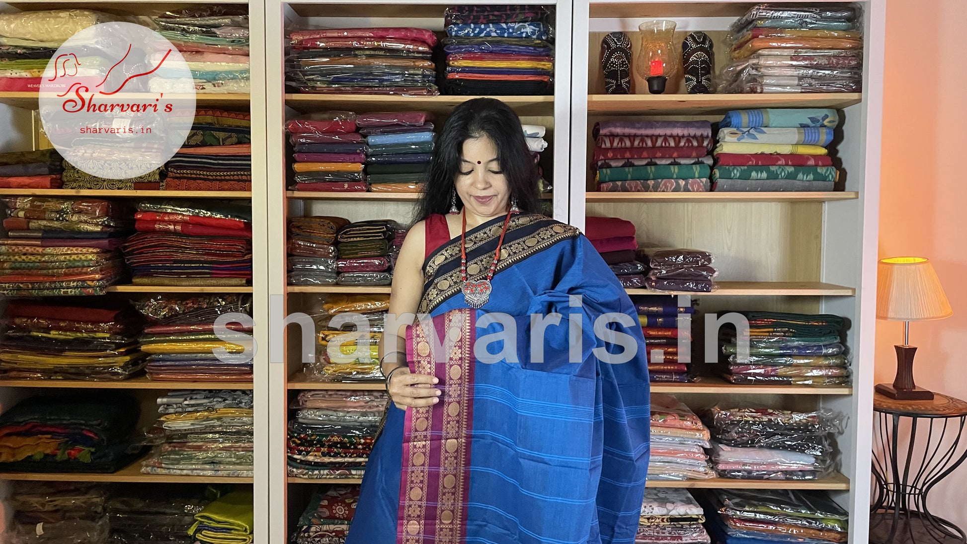 royal blue chettinad cotton saree with ganga jamuna borders