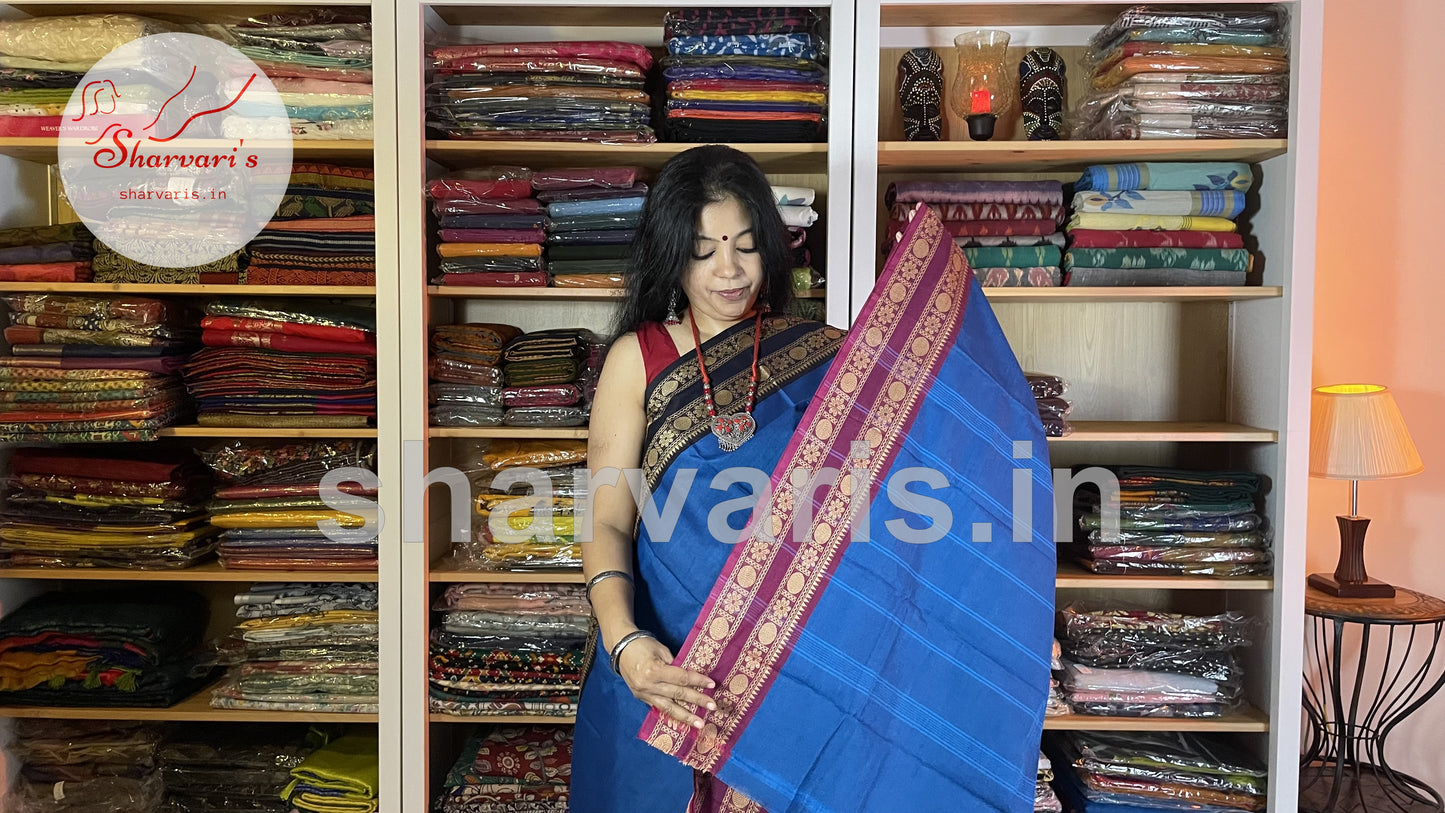 royal blue chettinad cotton saree with ganga jamuna borders