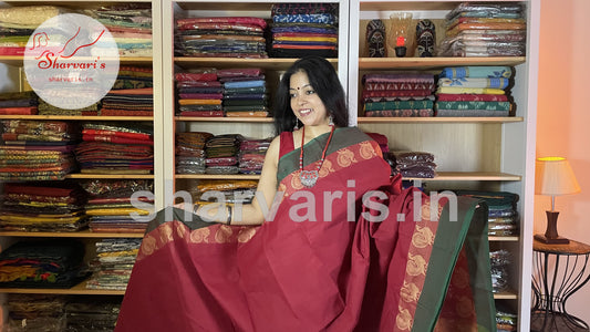 brick red chettinad cotton saree with thread work borders