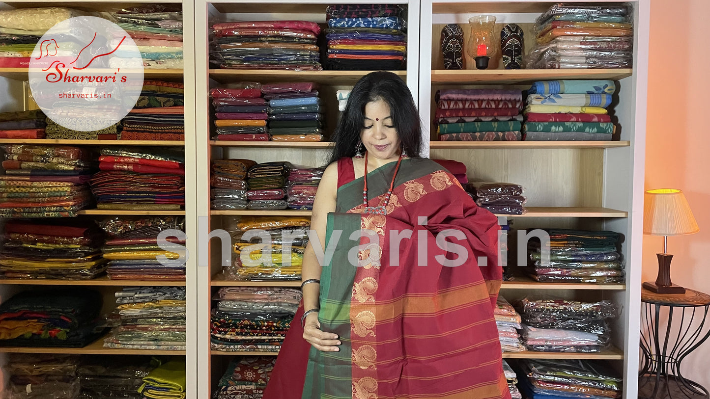 brick red chettinad cotton saree with thread work borders 