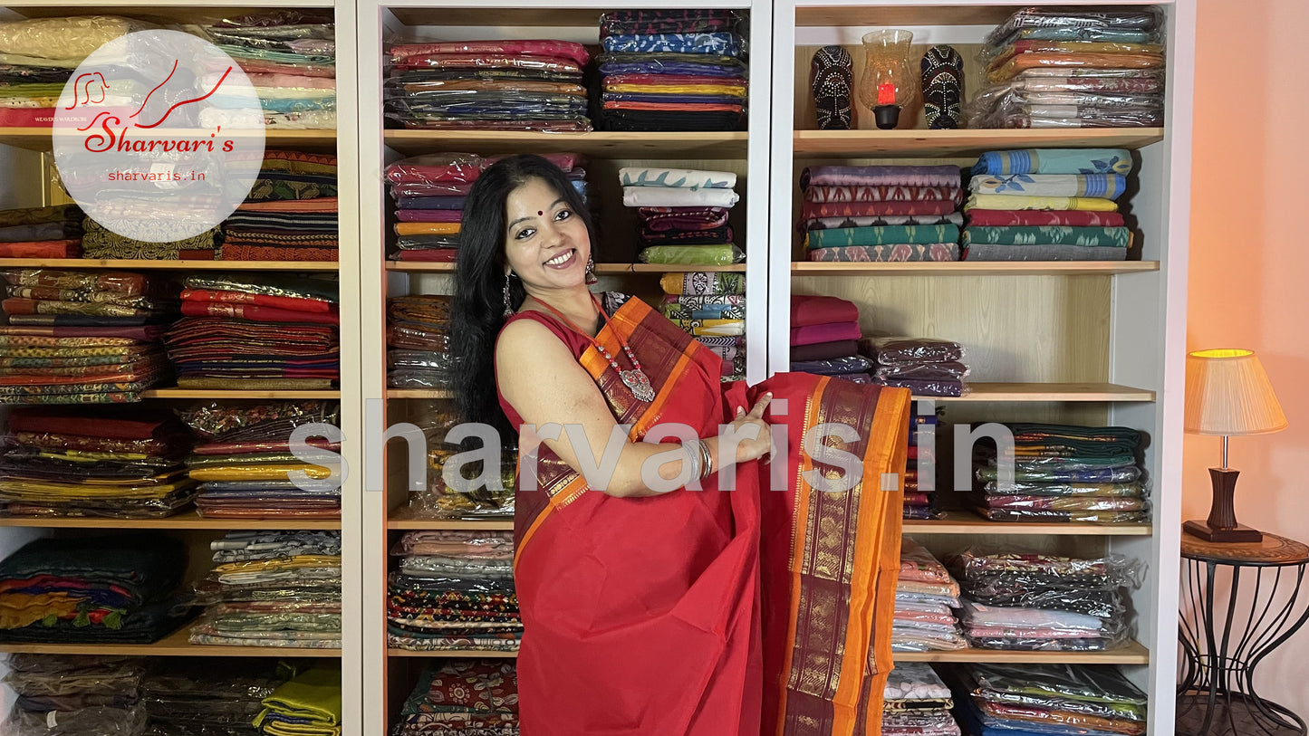 scarlet red chettinad cotton saree with zari work borders 