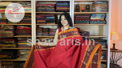 scarlet red chettinad cotton saree with zari work borders 