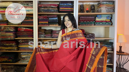 scarlet red chettinad cotton saree with zari work borders 