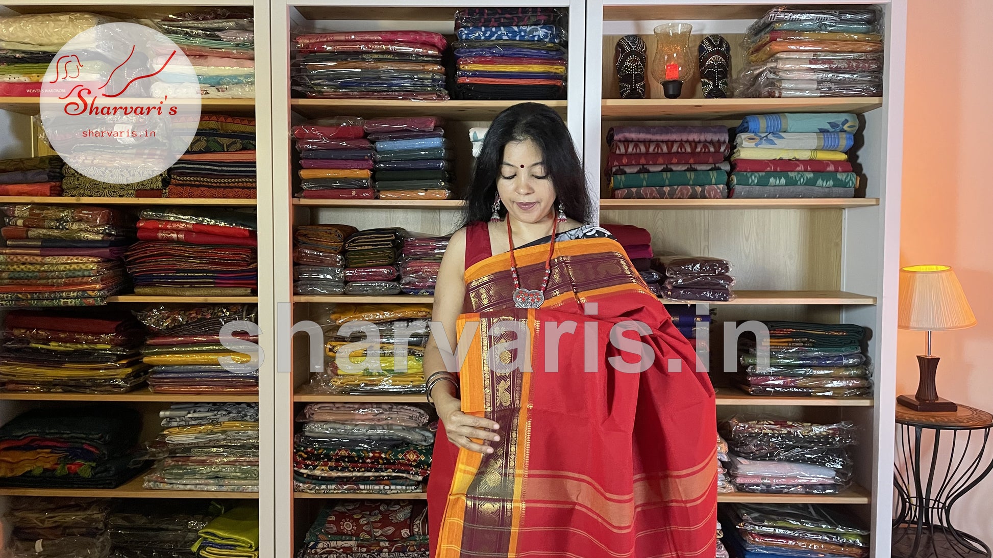 scarlet red chettinad cotton saree with zari work borders 