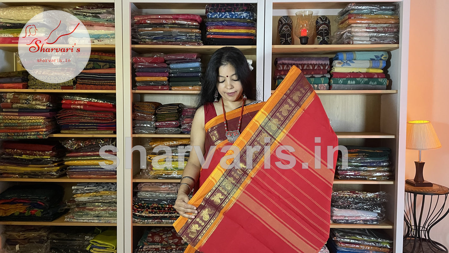 scarlet red chettinad cotton saree with zari work borders 