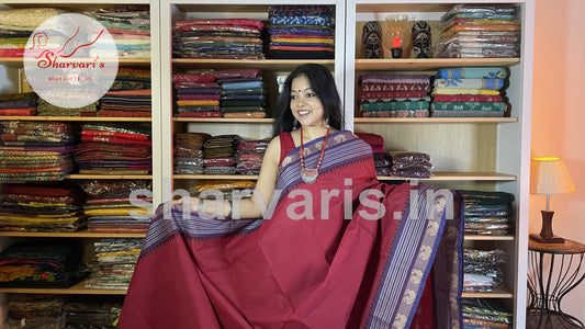 deep red chettinad cotton saree with thread work borders