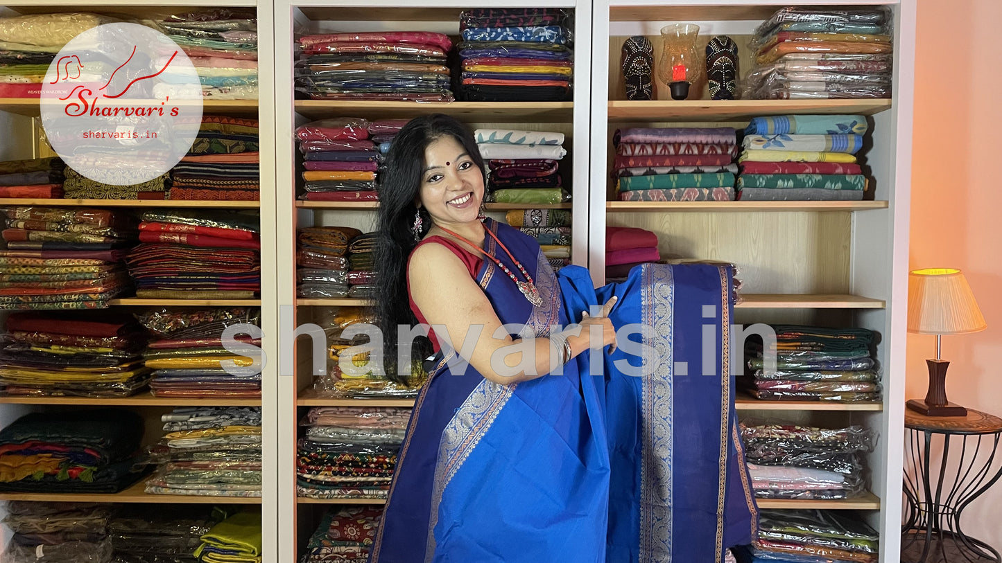 sapphire blue chettinad cotton saree with thread work borders 