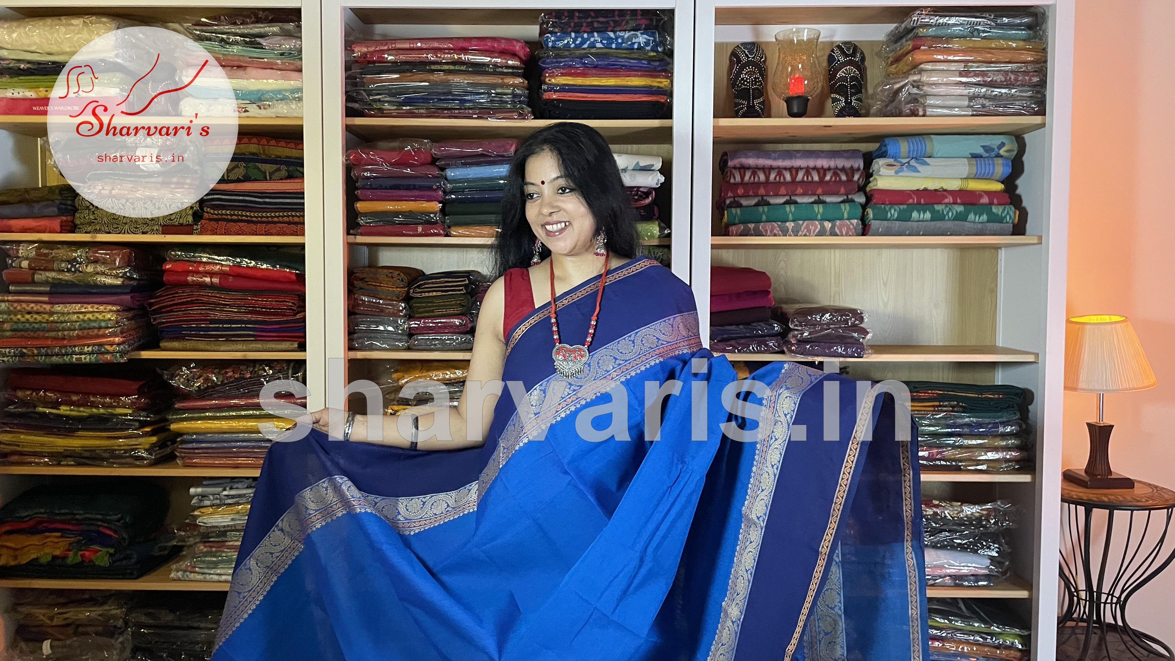 chettinad cotton saree - cerulean stripes & gold border - maati crafts