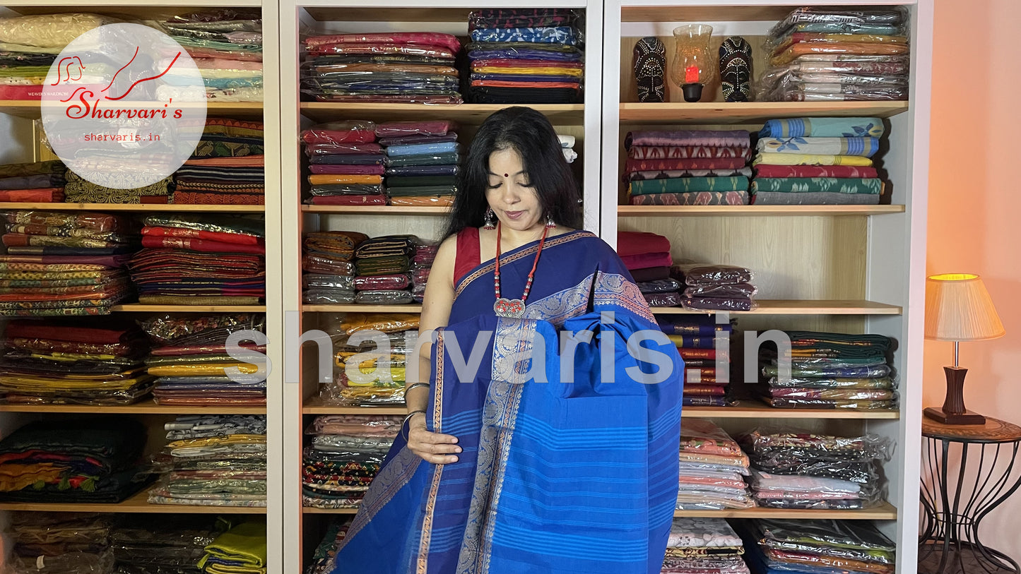 sapphire blue chettinad cotton saree with thread work borders 