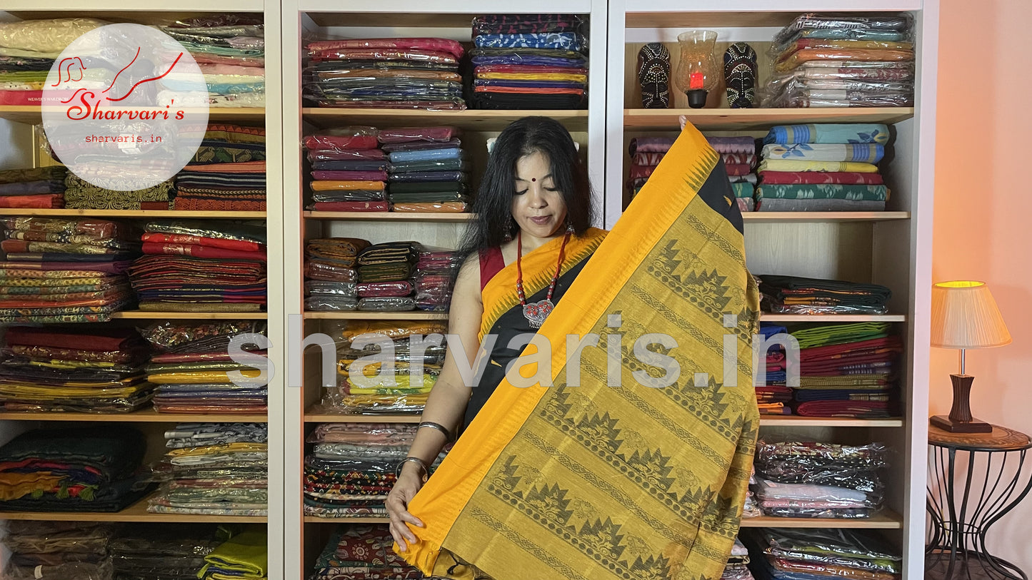 black and yellow gadwal silk cotton saree 