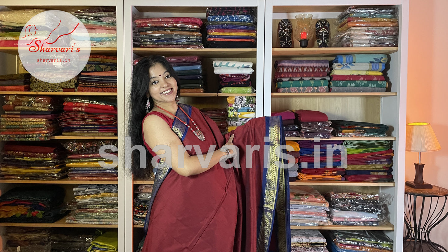 maroon and blue gadwal silk cotton saree 