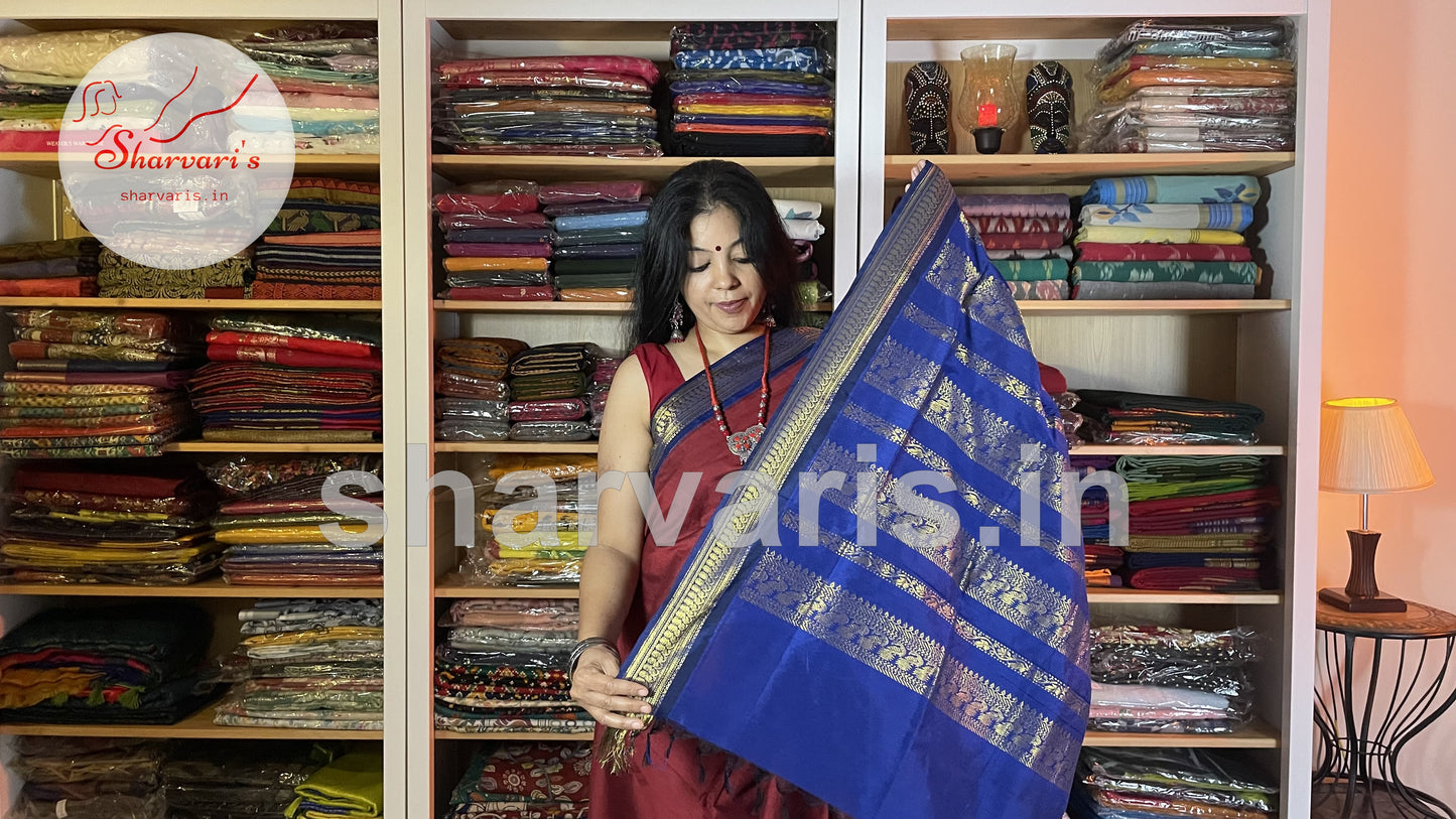 maroon and blue gadwal silk cotton saree