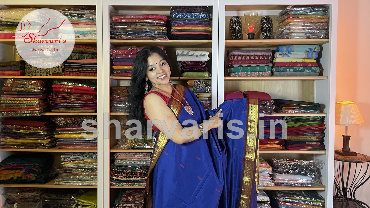 blue and maroon gadwal silk cotton saree