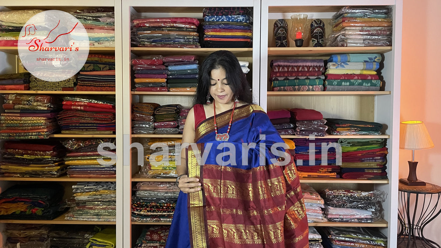 blue and maroon gadwal silk cotton saree