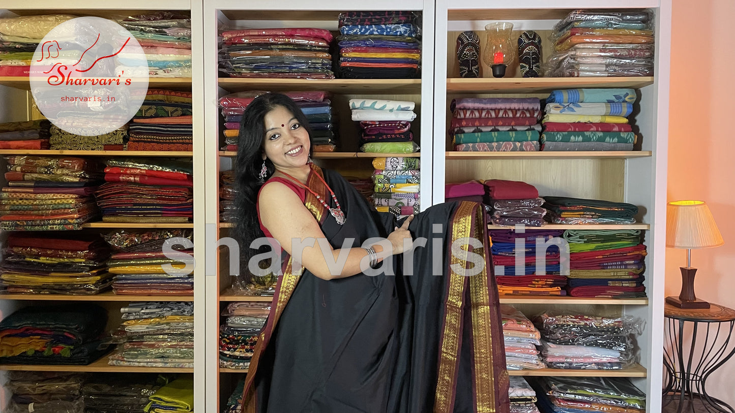 black and maroon gadwal silk cotton saree