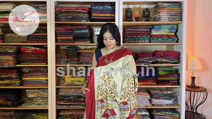 beige and red easy wash crepe saree 