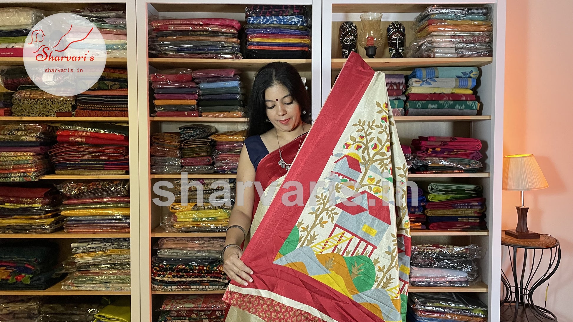 beige and red easy wash crepe saree 