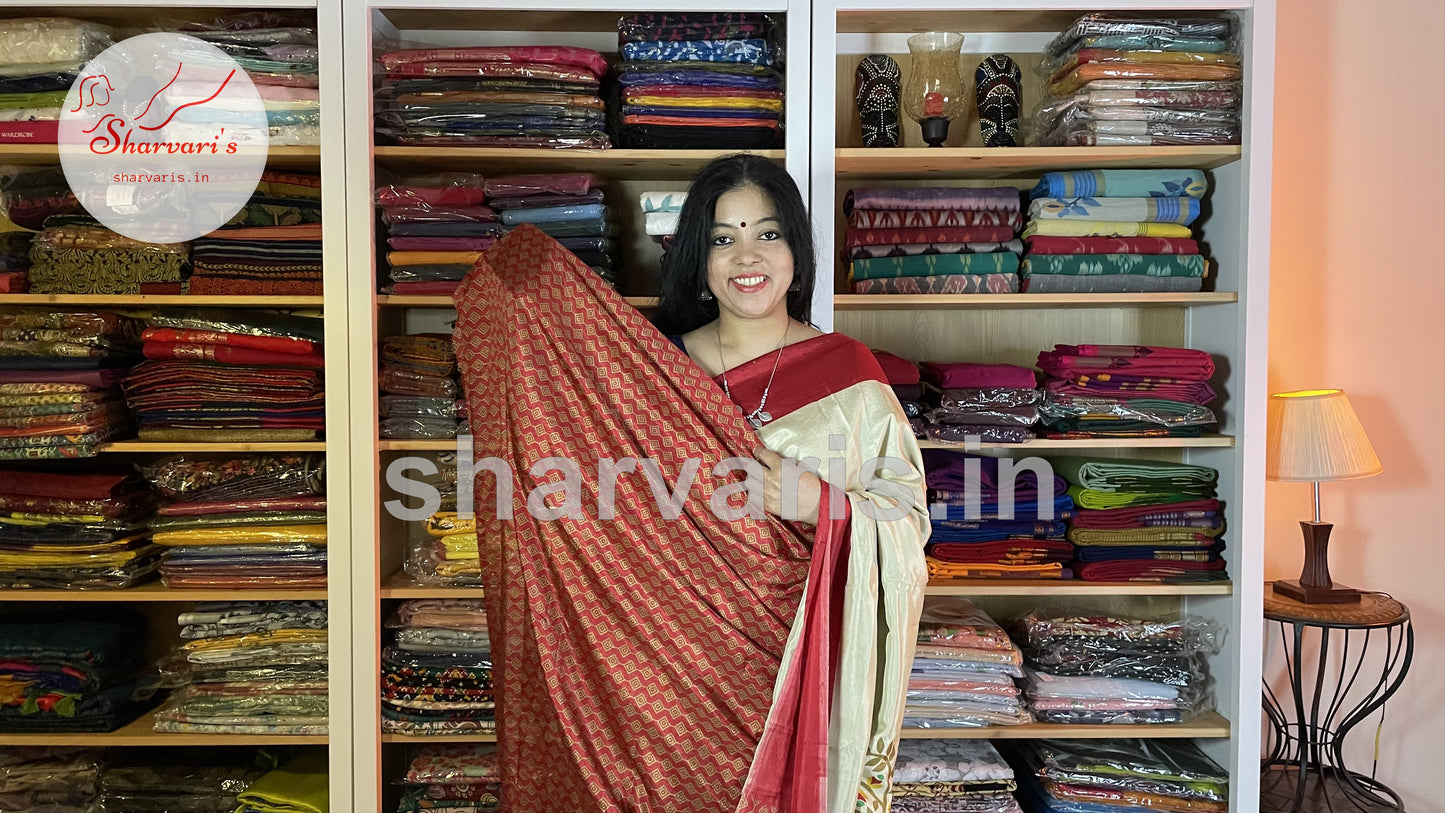 beige and red easy wash crepe saree 