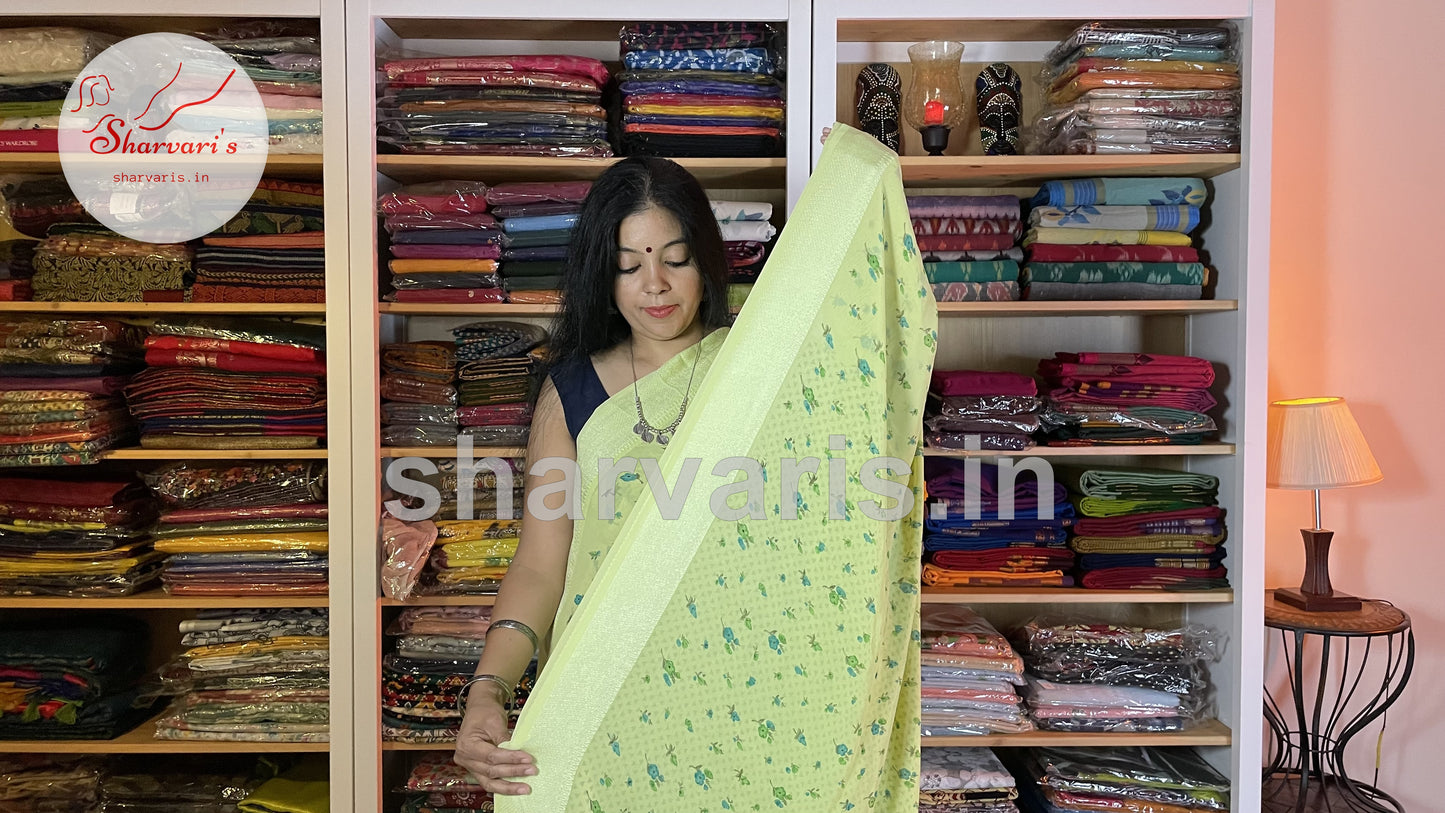 Pista Green Smooth Chiffon Easy Wash Saree with Small Floral Prints