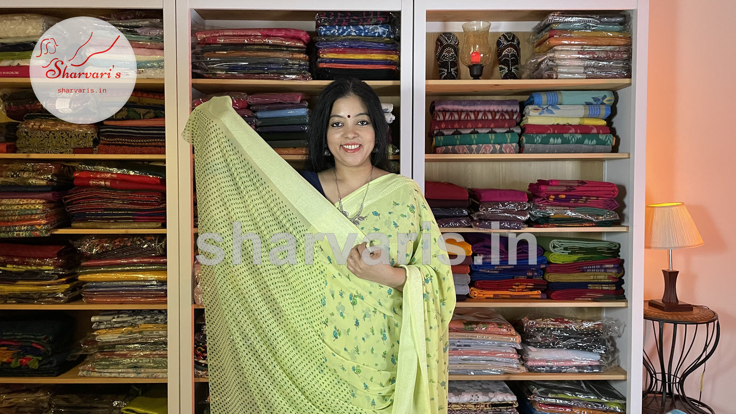 Pista Green Smooth Chiffon Easy Wash Saree with Small Floral Prints