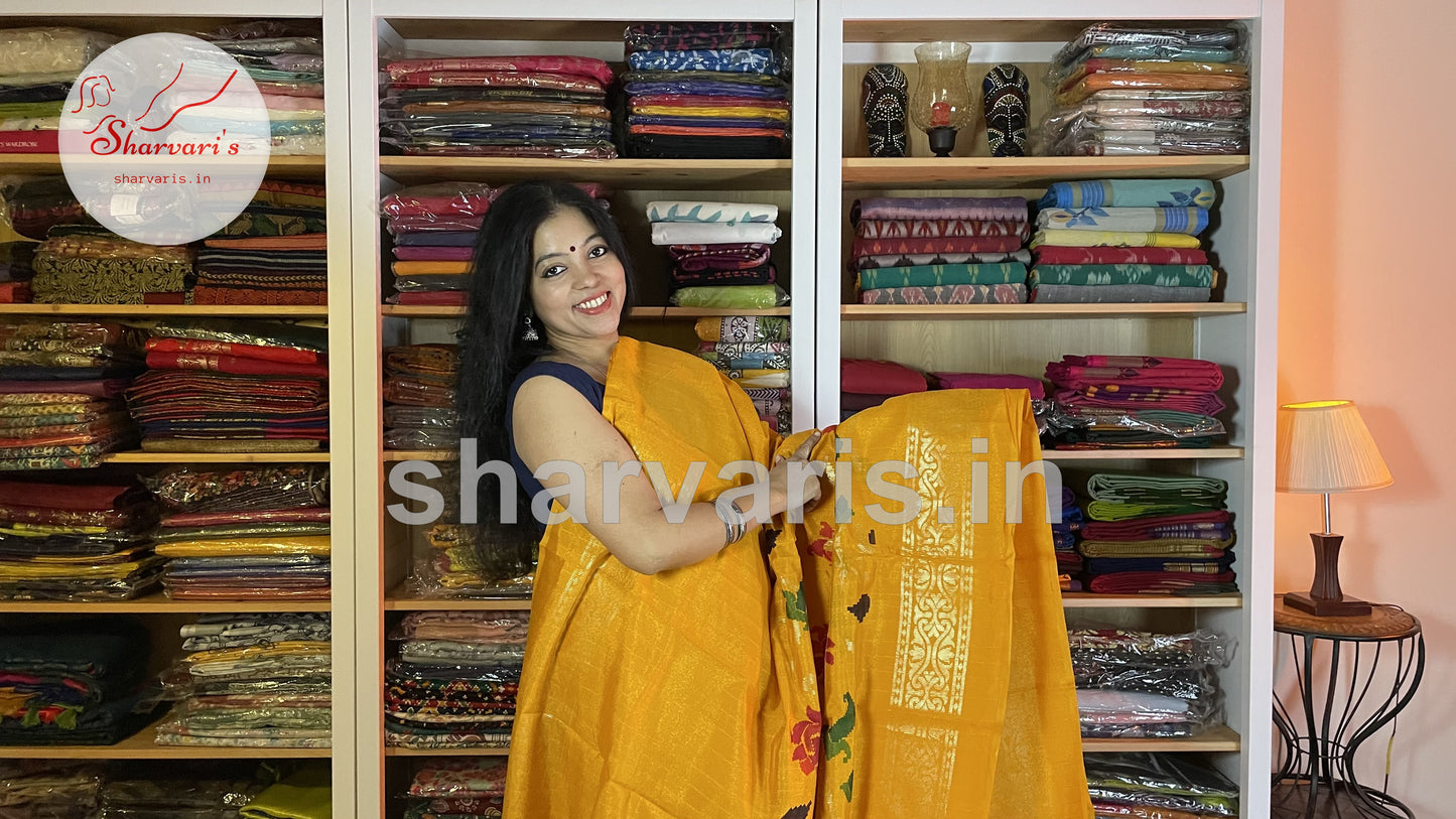 Tumeric Yellow Pure Benarasi Jute Saree  with Foil Print