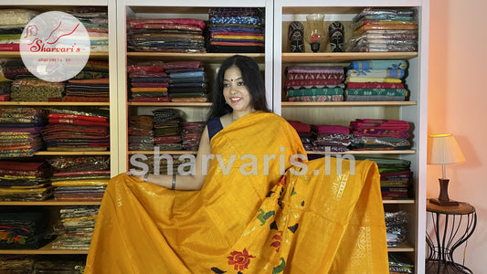 Tumeric Yellow Pure Benarasi Jute Saree  with Foil Print