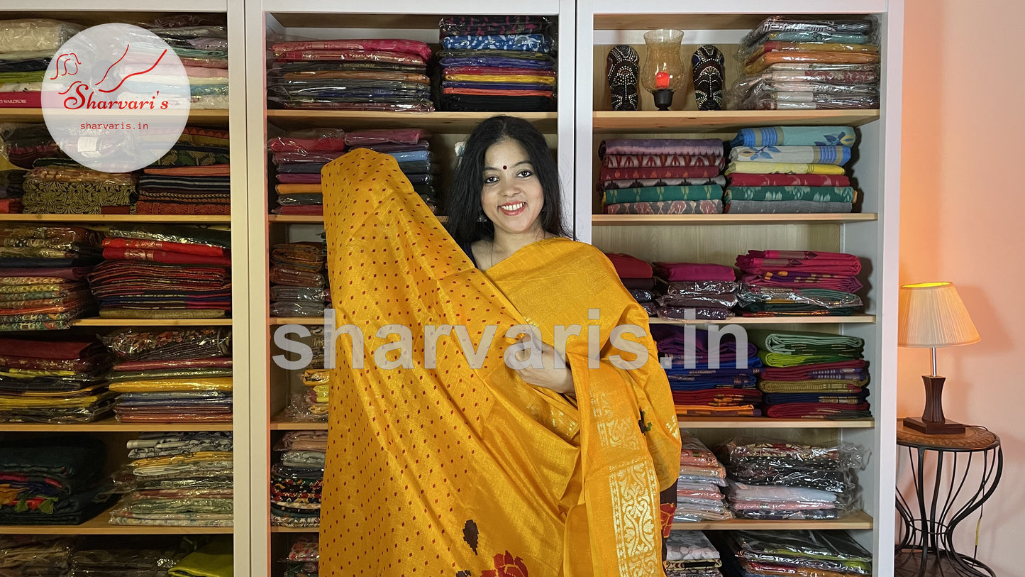 Tumeric Yellow Pure Benarasi Jute Saree  with Foil Print