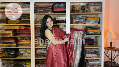 Red and Black Jute/Ghicha Tussar Saree with Madhubani Prints