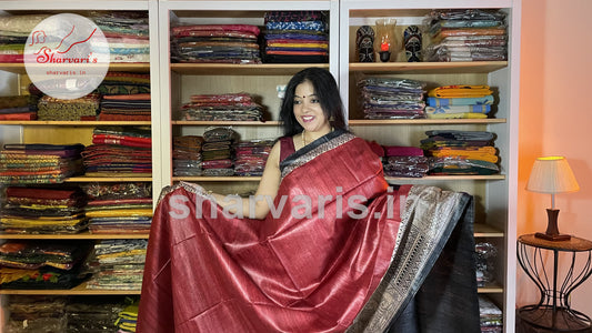Red and Black Jute/Ghicha Tussar Saree with Madhubani Prints