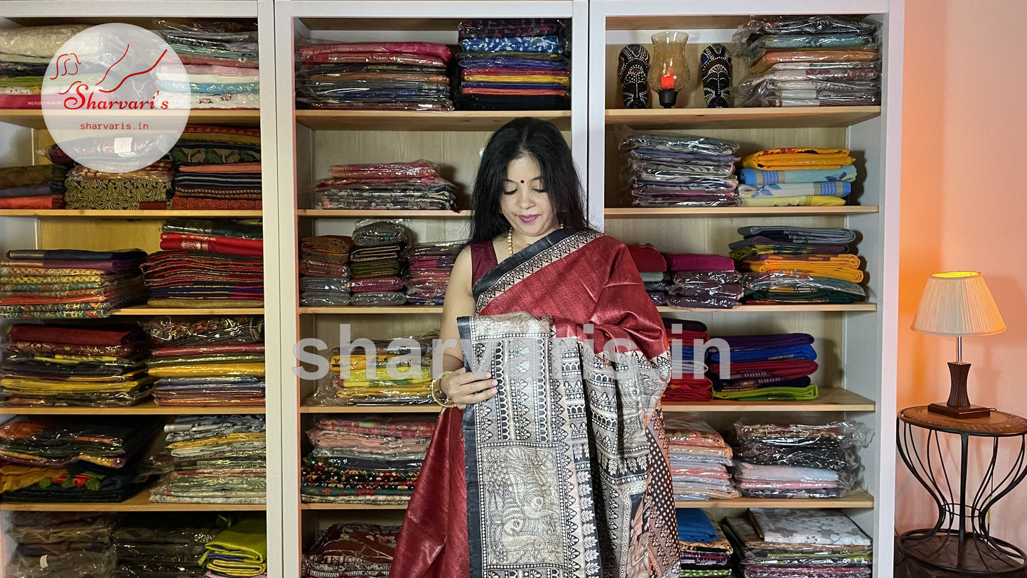 Red and Black Jute/Ghicha Tussar Saree with Madhubani Prints