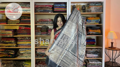 Red and Black Jute/Ghicha Tussar Saree with Madhubani Prints